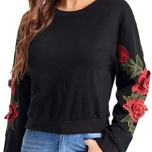Romwe Rose Embroidered Cropped Crew Neck